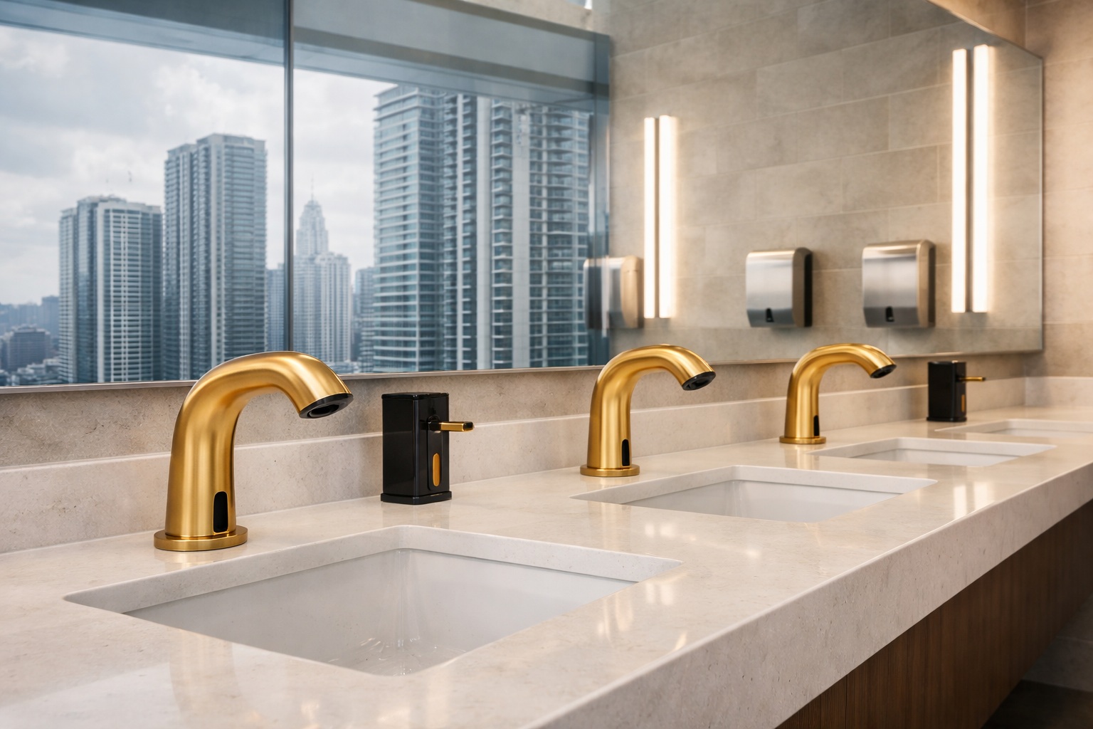 Touchless sensor faucet in a bright corporate restroom for LEED and WELL specification